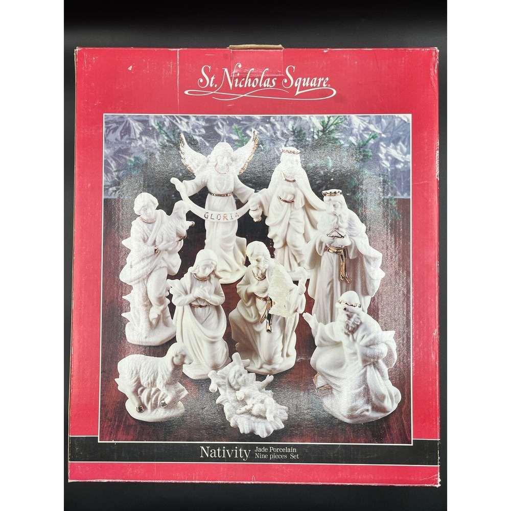 St Nicholas Square Jade Porcelain 9 Piece Nativity Set White Gold Trim Christmas